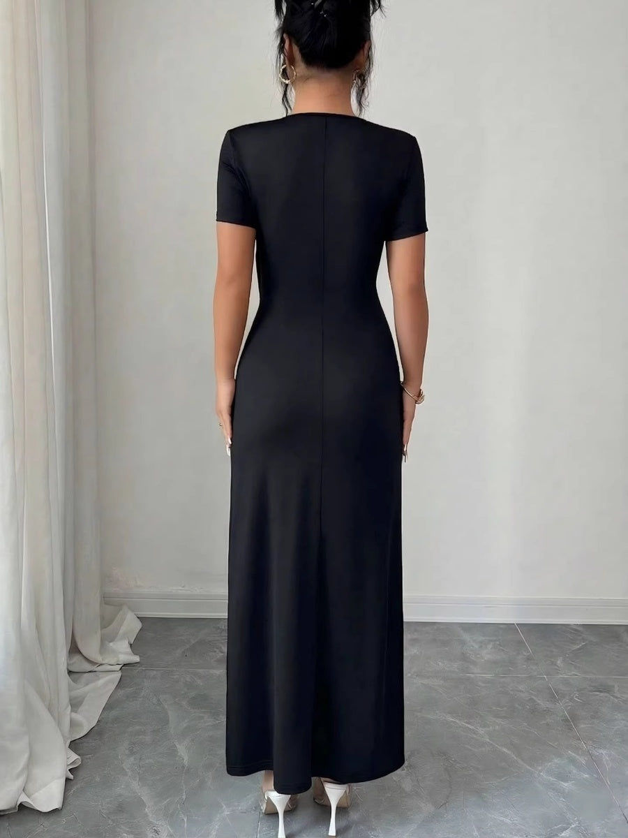 V-neck Cross Metal Buckle Pleated Slit Maxi Dresses