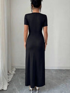 V-neck Cross Metal Buckle Pleated Slit Maxi Dresses