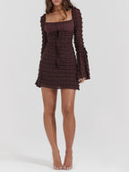 Lace Tiered Ruffle Square Neck Bell Sleeve Bodycon Mini Dress