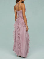 Halter Sunray Pleat Cascading Ruffle Tier High-Low Hem Gown