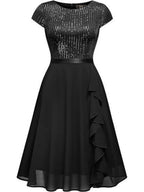 Crew Neck Sequins Chiffon Splicing Evening Dress Mini&Short Dresses