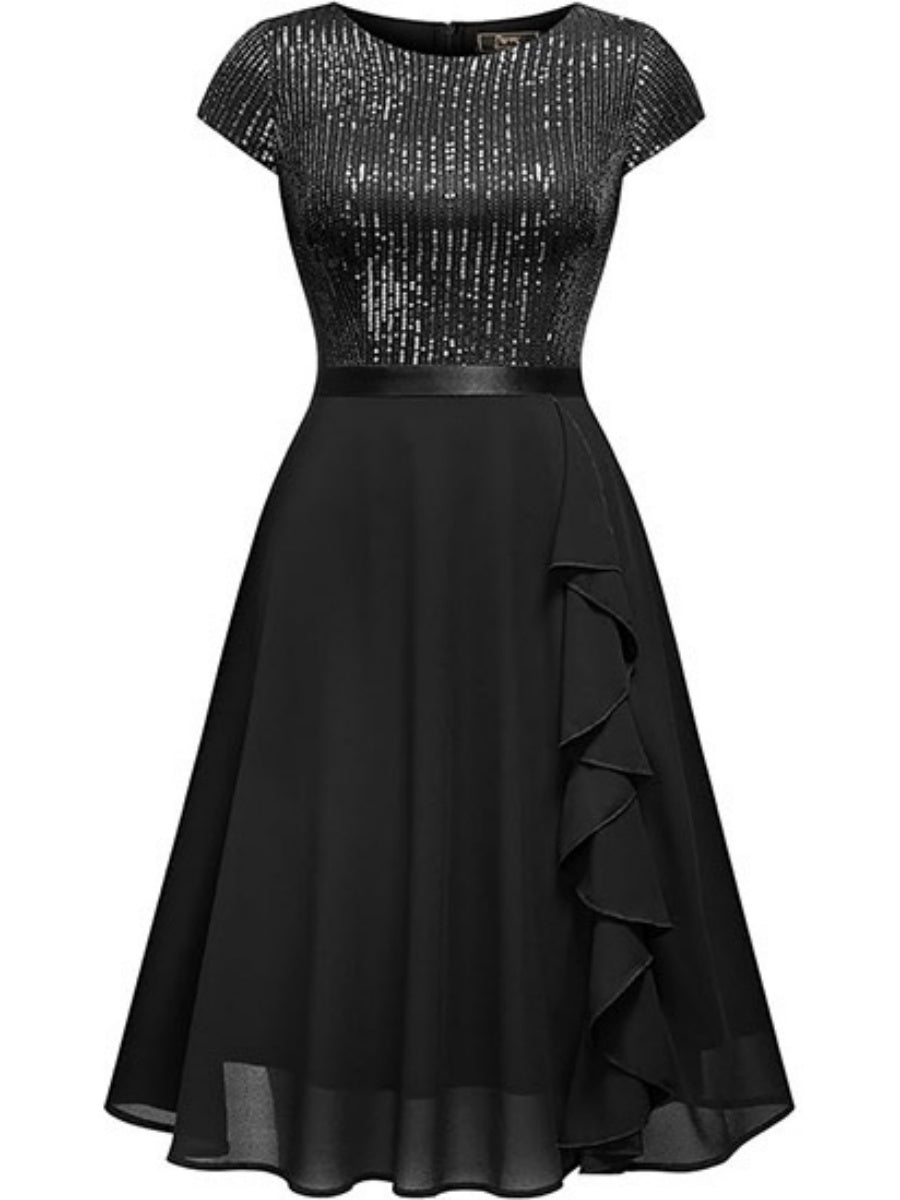 Crew Neck Sequins Chiffon Splicing Evening Dress Mini&Short Dresses