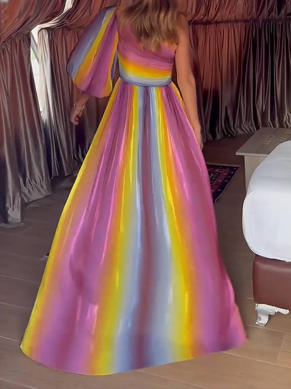 Ombré Stripe Print One Shoulder Puff Sleeve Ruched Bodice High Slit Maxi Dress