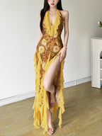 Printed Ruffle Deep V-neck Backless Maxi Dresses
