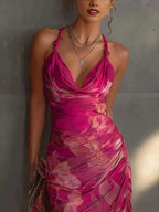 Spaghetti Strap Backless Printed Slim-fitting High Slit Long Dress