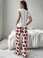 Heart-print Ruffled Sleeve Trousers Set That Can Be Worn As Loungewear
