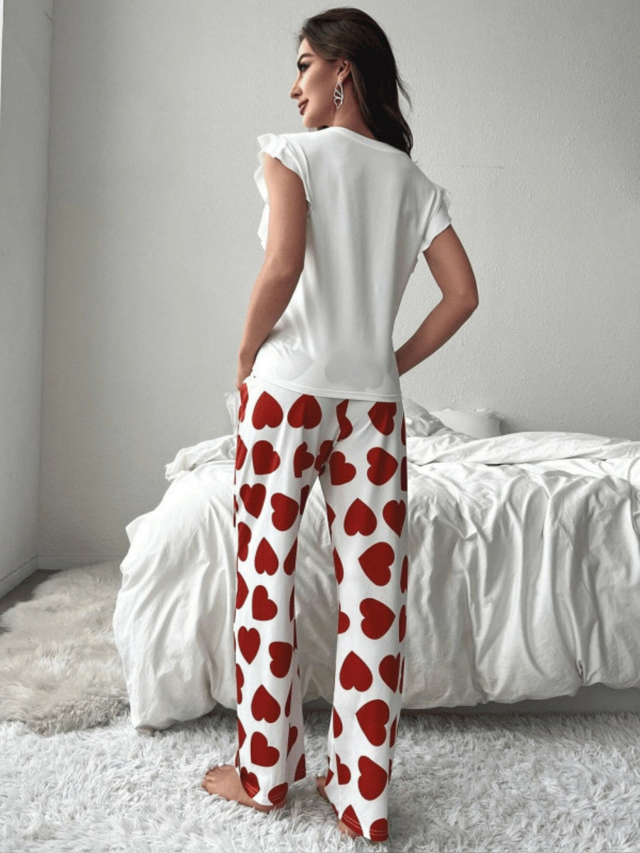Heart-print Ruffled Sleeve Trousers Set That Can Be Worn As Loungewear
