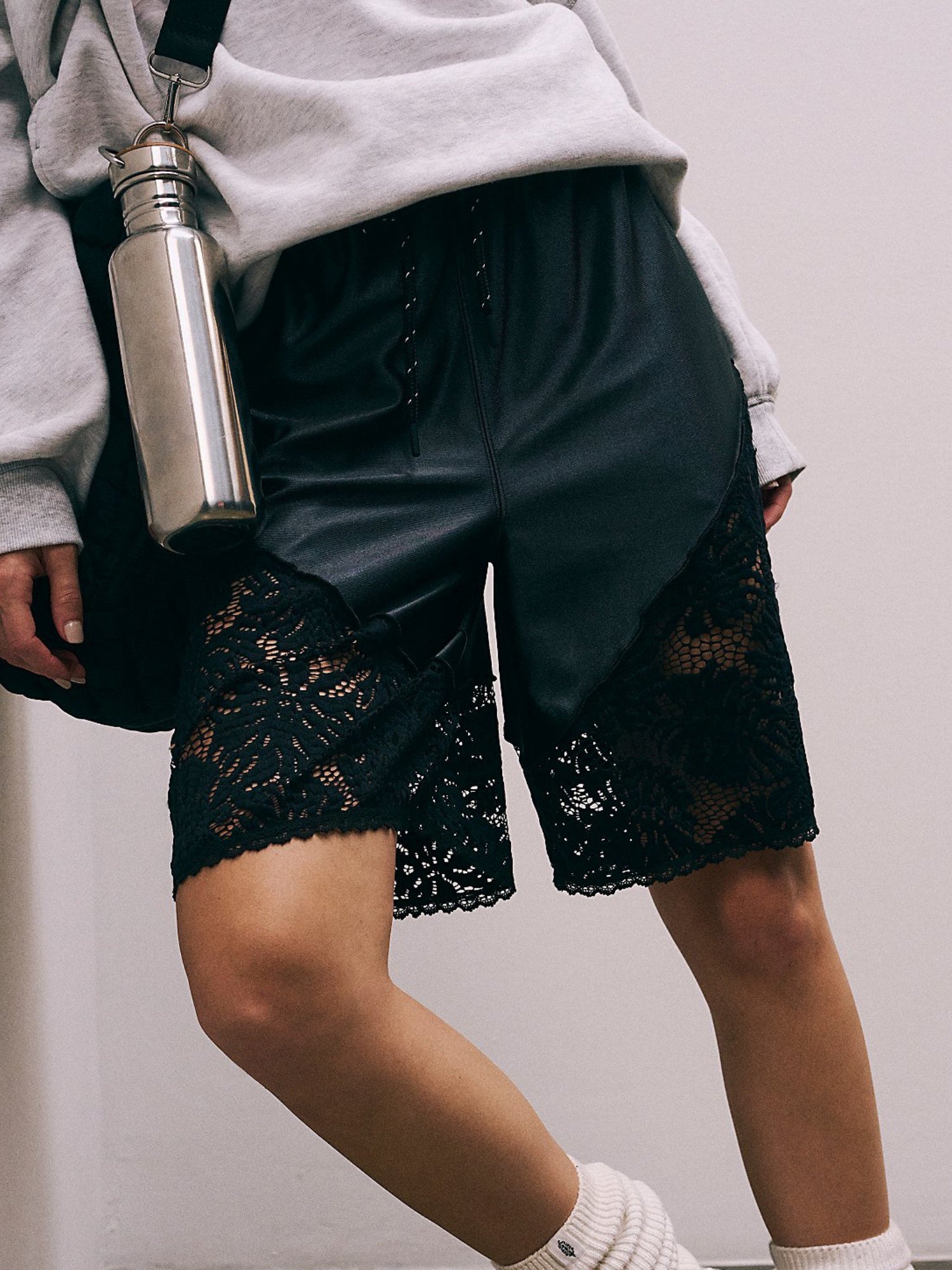 Lace Patchwork Lace Up Loose-fit Athletic Shorts