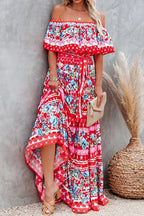 Off Shoulder Ruffle Bardot Tiered Sash Tie Tropical Floral Maxi Dress