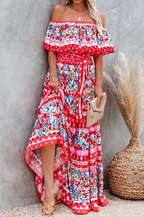 Off Shoulder Ruffle Bardot Tiered Sash Tie Tropical Floral Maxi Dress