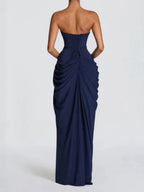 Pleated Slit Strapless Waist Maxi Dresses