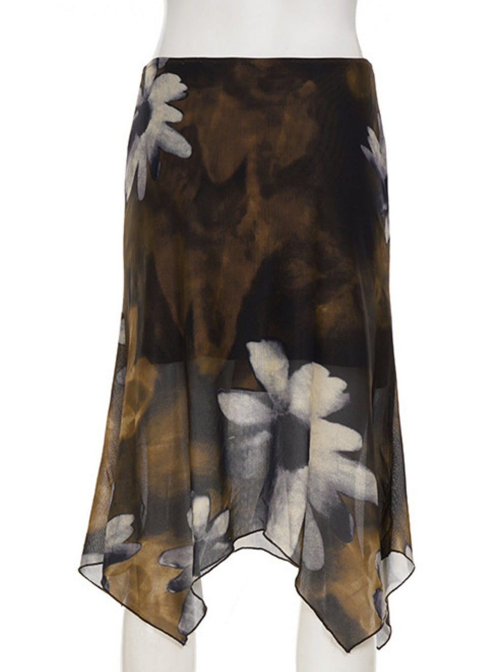 Floral Print Mesh Splicing Irregular Hem Short Skirt