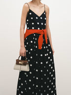 Polka Dots V-neck Suspenders Backless Large Skirt No Belt Maxi Dresses