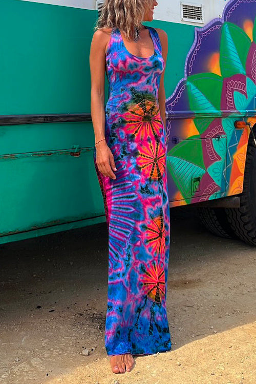 Strappy Backless Tie Dye Maxi Dress
