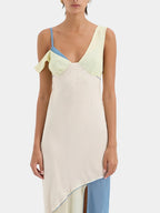 Asymmetric Collar Contrast Panel Thigh Slit Sleeveless Maxi Dress