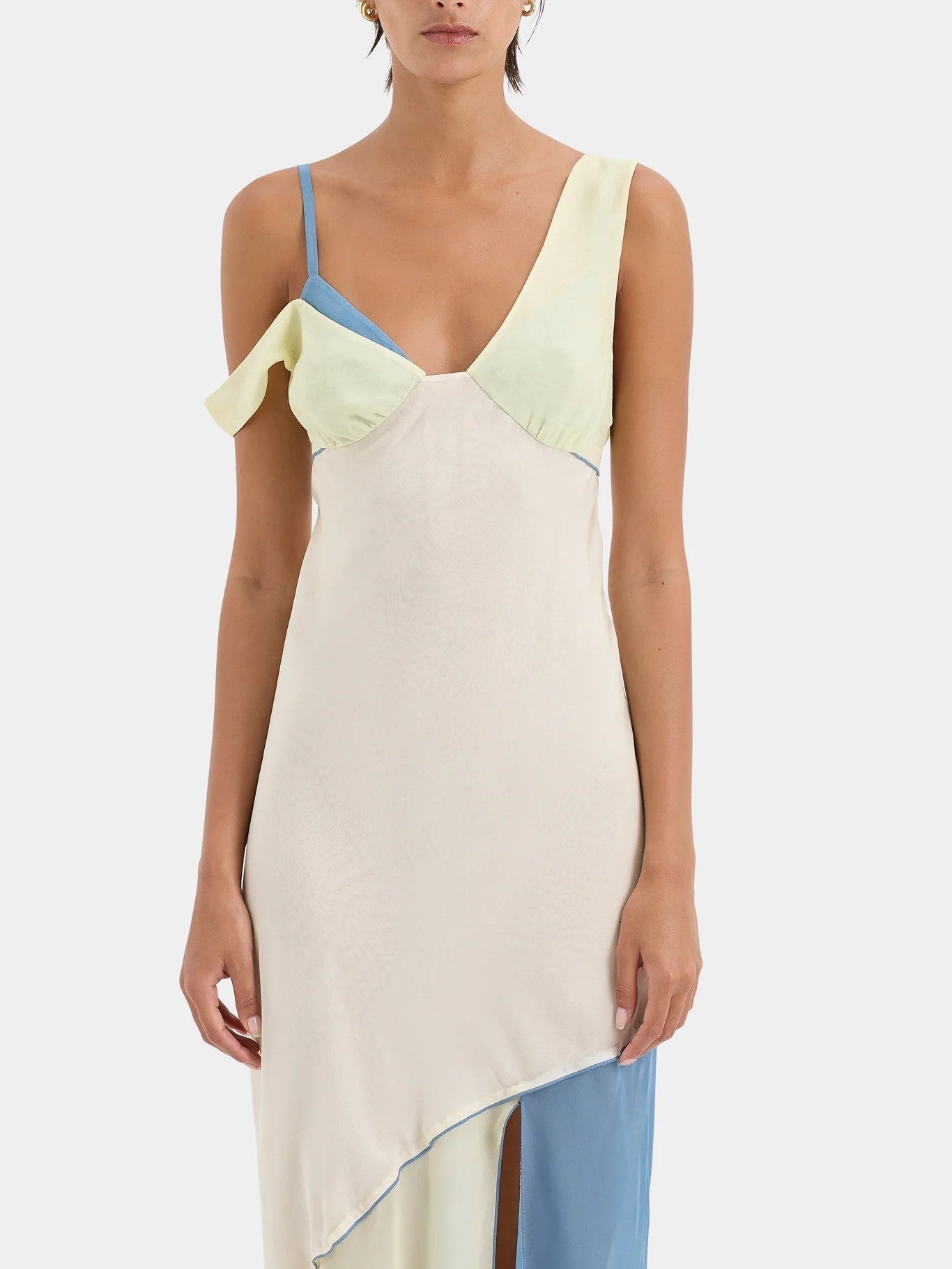 Asymmetric Collar Contrast Panel Thigh Slit Sleeveless Maxi Dress