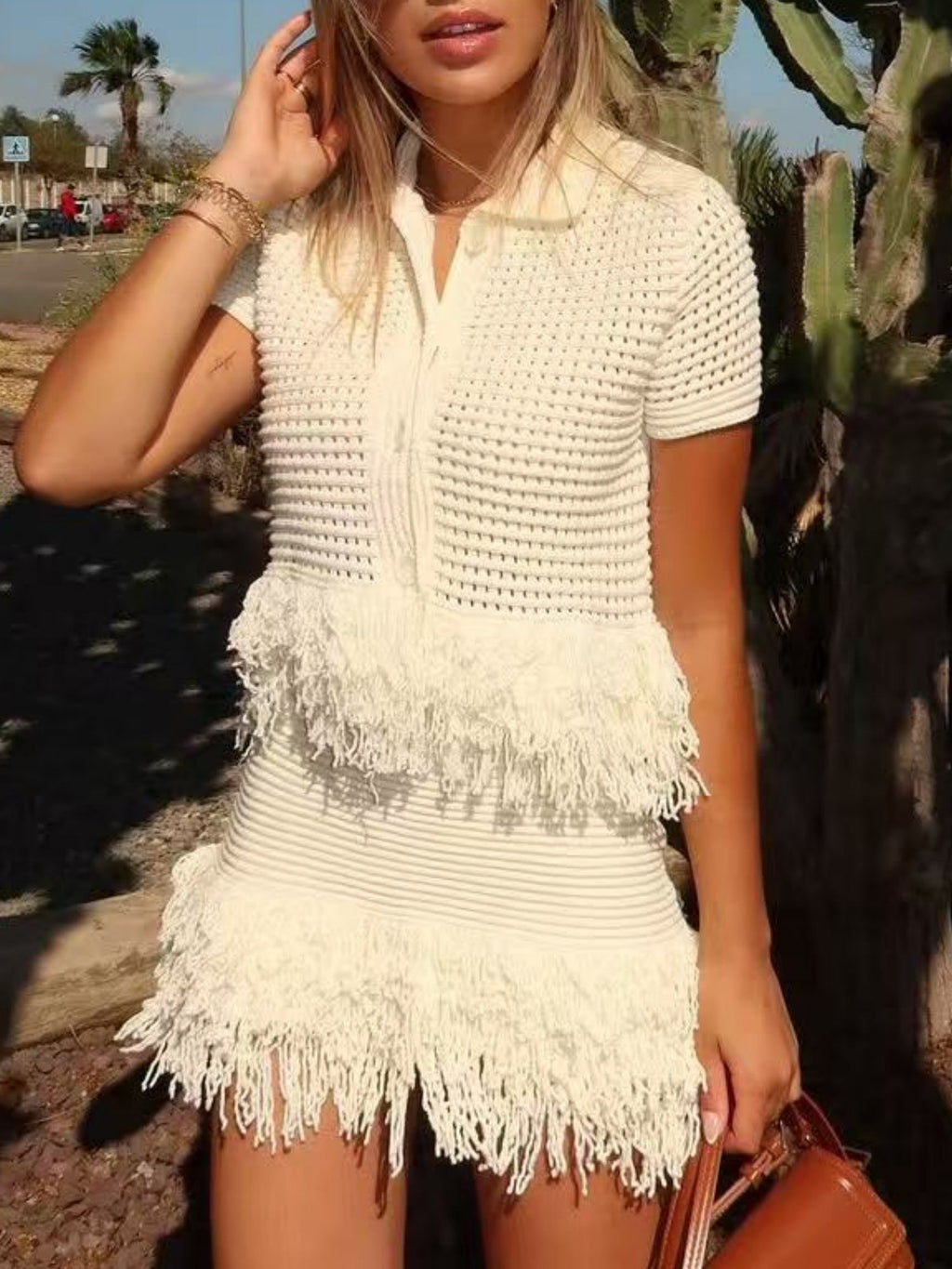 Tassel Knitting Short-sleeved Jacket High-waisted Mini Skirt 2-piece Sets