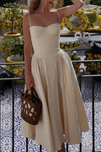 Corset Bustier Spaghetti Strap Basque Waist Gathered Full Midi Dress