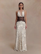 Polka Dots Lace Patchwork Halter Neck Deep V-neck Backless Maxi Dresses