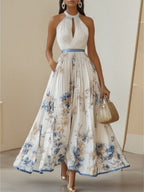 Plants And Flowers Printed Halter Hollow Crimp V-neck Maxi Dresses