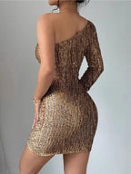 Sloping Shoulders Sequins Long Sleeves Hip Wrap Mini&Short Dresses