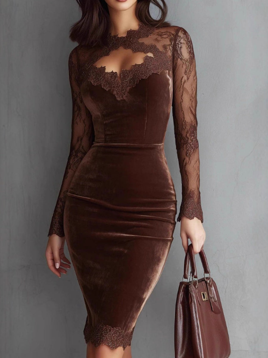 Lace Perspective Long Sleeve Trim Splicing Hip-hugging Midi Dresses