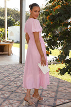 Plisse Texture Puff Sleeve Ruched Waist Button Front Maxi Dress