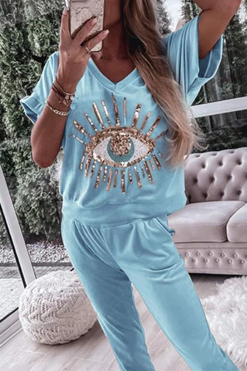 Sequin Pattern V Neck Short Sleeve Top with Pocketed Pants Casual Set