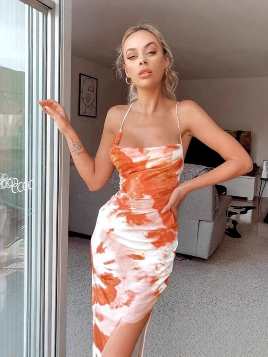 Printed Tie-dye Backless Bandage Maxi Dresses