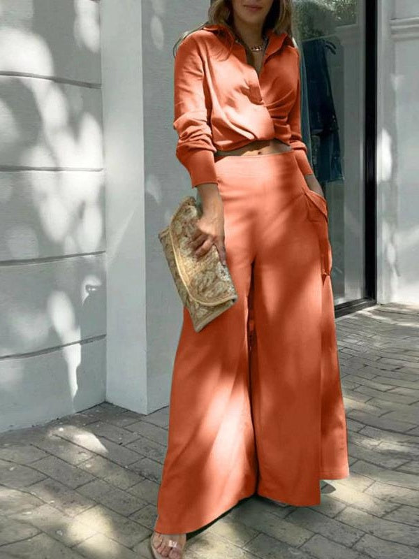 Solid Color Loose-fitting Wide-leg Pants Two-piece Set