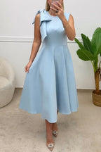 Crewneck Sleeveless Bow Shoulder A-line Midi Dress