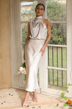 One Shoulder Cowl Neck Draped Satin A-Line Midi Dress