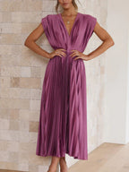 Solid Color V-neck Sleeveless Midi Dresses