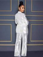 Long Sleeve V-neck Sequined Jumpsuit Two-piece Set