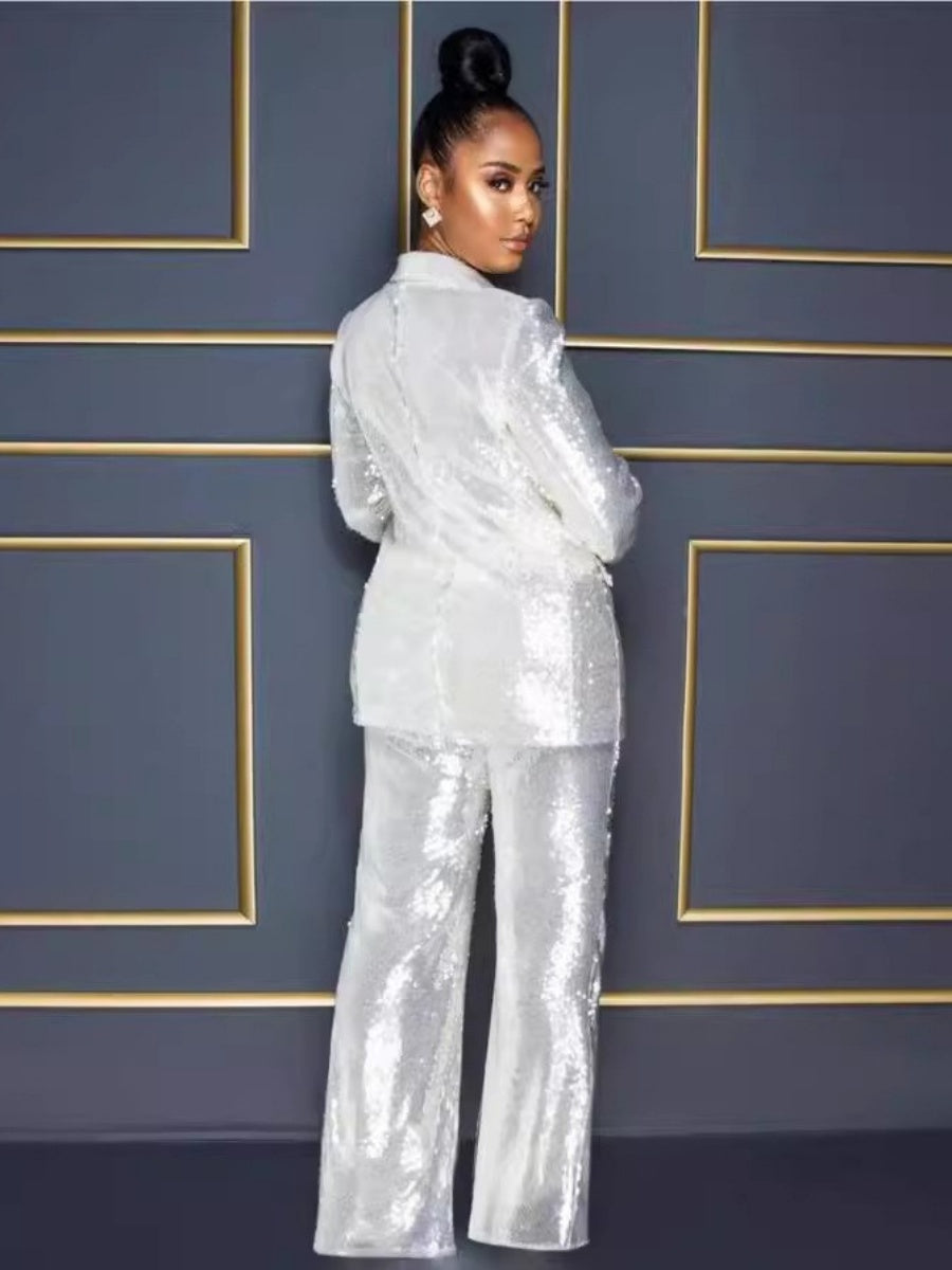 Long Sleeve V-neck Sequined Jumpsuit Two-piece Set