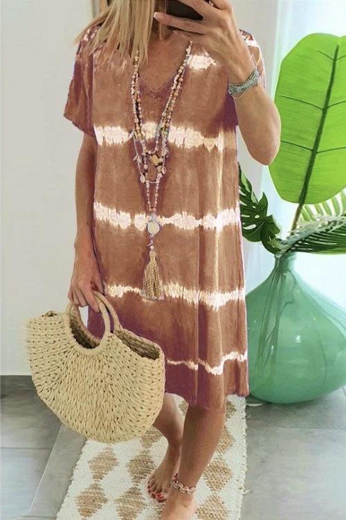 V Neck Short Sleeve Tie Dye Stripes T-shirt Dress
