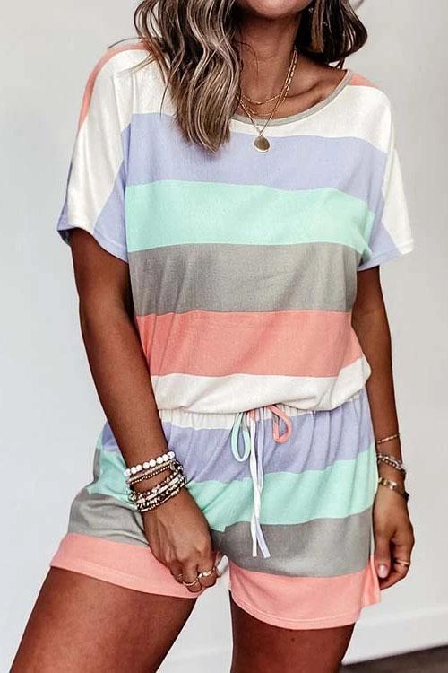 Crewneck Color Block Striped Drawstring Romper