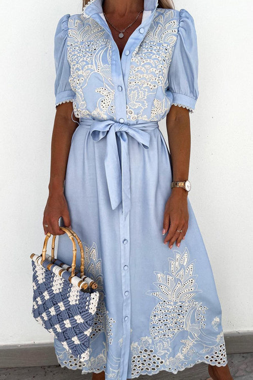 Pineapple Eyelet Embroidery Puff Sleeve Shirt Collar Button Midi Dress