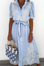 Pineapple Eyelet Embroidery Puff Sleeve Shirt Collar Button Midi Dress