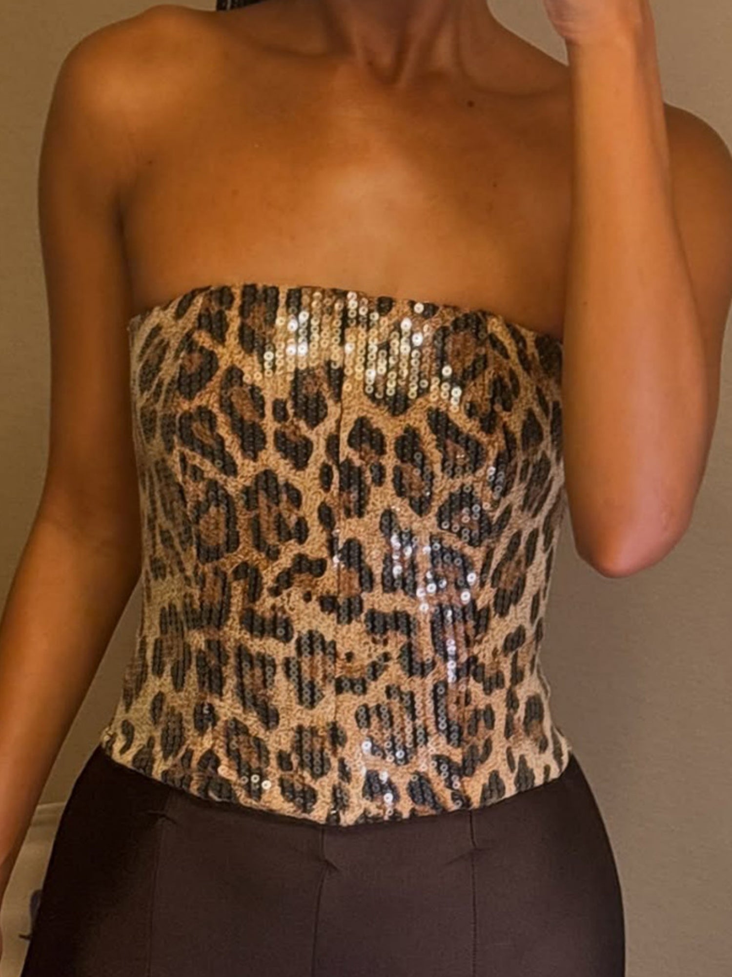 Sequined Leopard Print Elastic Bustier Zipper Bandeau
