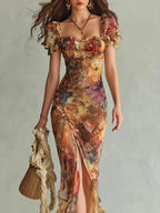 Floral V-neck Fitted Waist Ruffled Long Dress