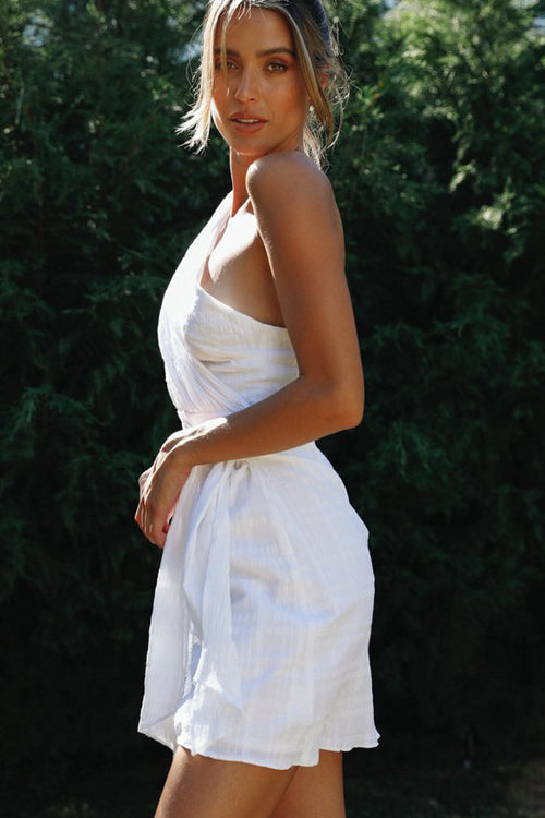 One Shoulder Pleated Bodice Tie Waist Wrap Skirt Gauze Mini Dress
