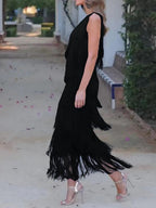 Tassel Sloping Shoulders Asymmetrical Maxi Dresses