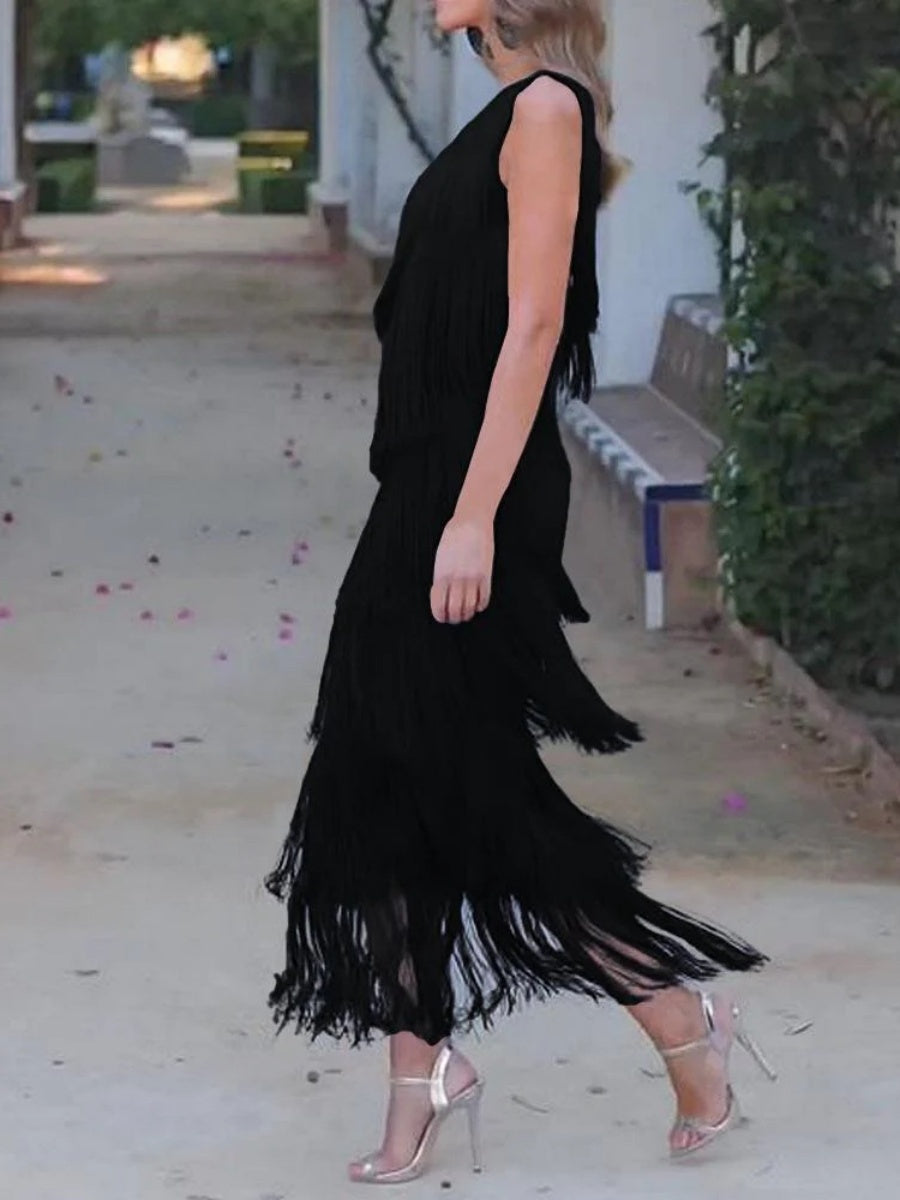 Tassel Sloping Shoulders Asymmetrical Maxi Dresses