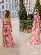 V-neck, Tie-waist, Floral Print, Fitted Waist, Full Skirt Long Dress