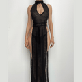 Sleeveless hoodie low cut slit self tie turtle neck see through maxi dress