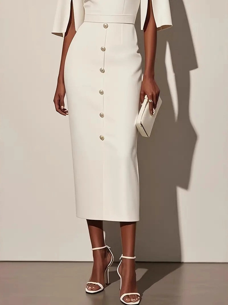 Solid Color Round Neck Fitted Waist Split Button-decorated Midi Dress