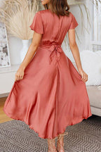 Deep V-Neck Tie Waist Flutter Sleeve Ruffled High-Low Midi Dress