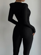 Deep V-neck Long-sleeved Tight-fitting Pleated Waist Shaping Jumpsuits&Bodysuits