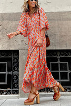 Geometric Lattice Print V-Neck Puff Sleeve Tiered Maxi Dress